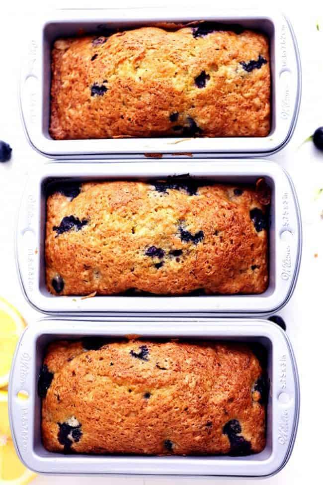 Three loafs of Blueberry Zucchini Bread in the bread pan. 