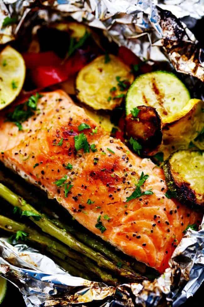 Close up photo of Lime Butter Salmon in Foil with Summer Veggies. 