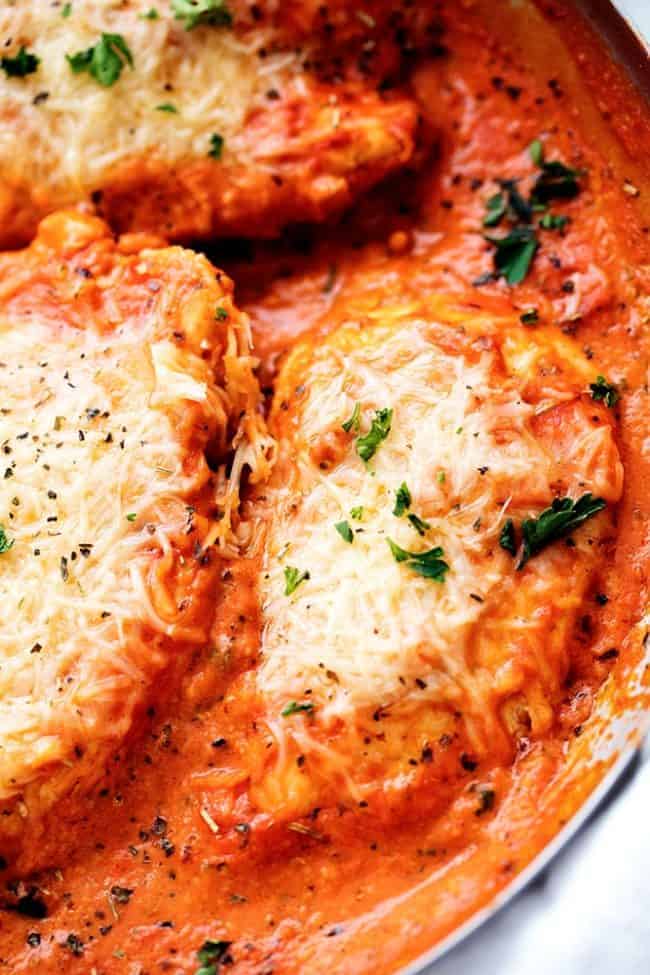 Close up photo of Creamy Tomato Italian Parmesan Chicken.