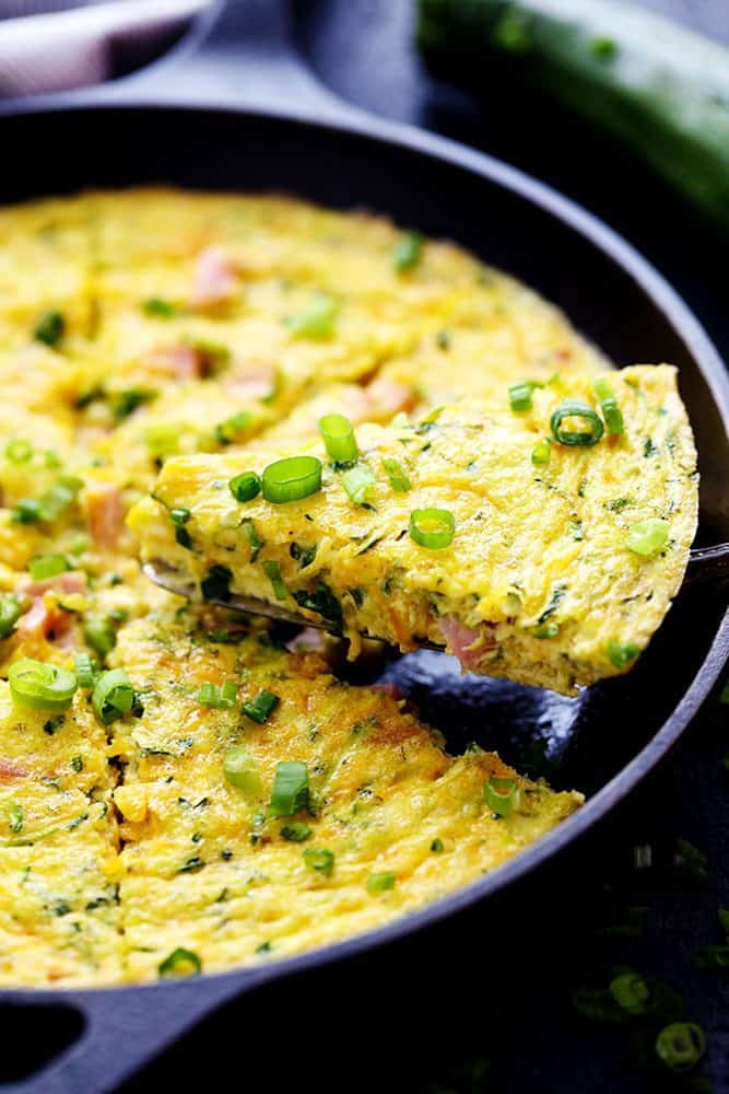 Ham and Cheddar Zucchini Frittata with a slice being removed from the pan. 