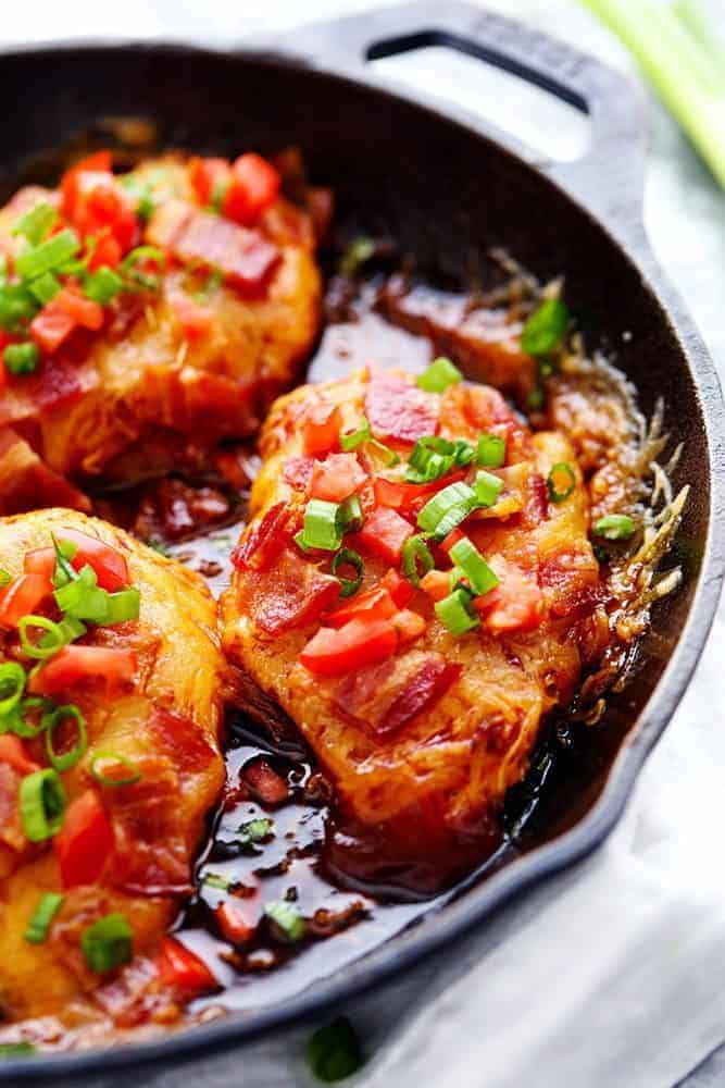 Skillet Monterey Chicken in a black skillet. 