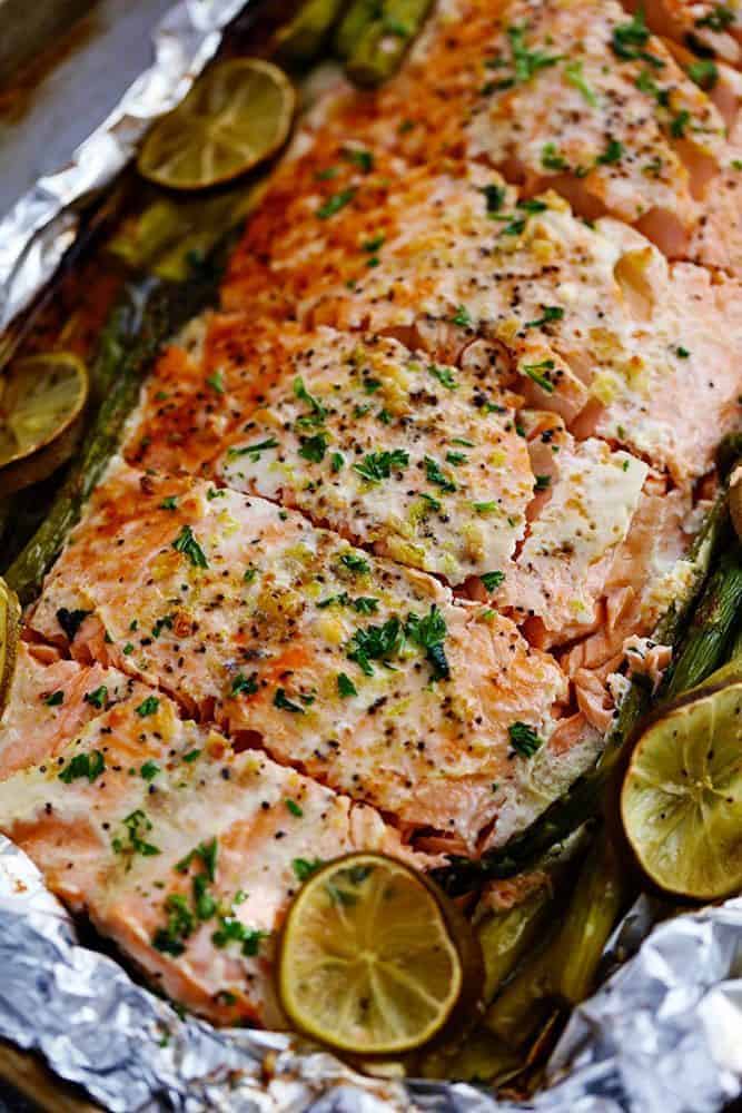 Overhead photo of Buttery Garlic Lime Salmon with Asparagus in Foil.