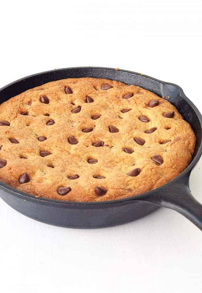 Nutella Stuffed Skillet Cookie in a skillet. 