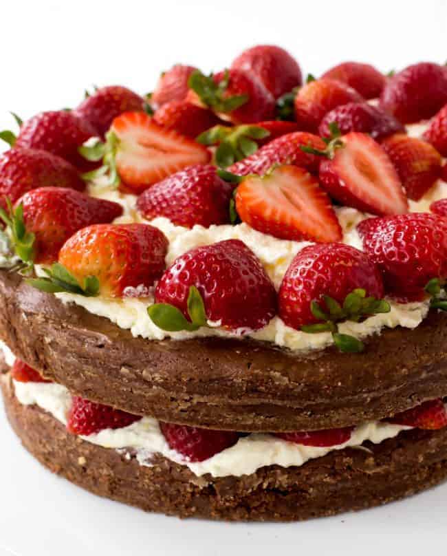 Brownie Strawberry Shortcake with fresh strawberries on top. 