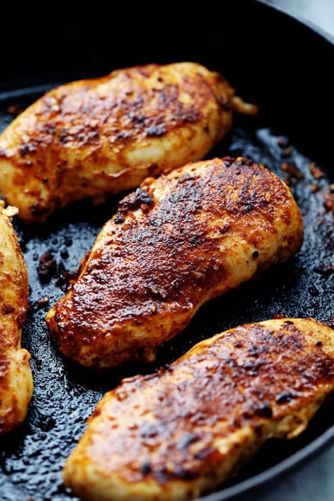 Fried chicken in a skillet. 