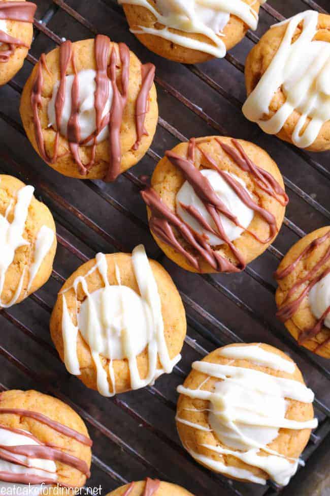 Pumpkin Thumbprint Cookies on a cooling rack.