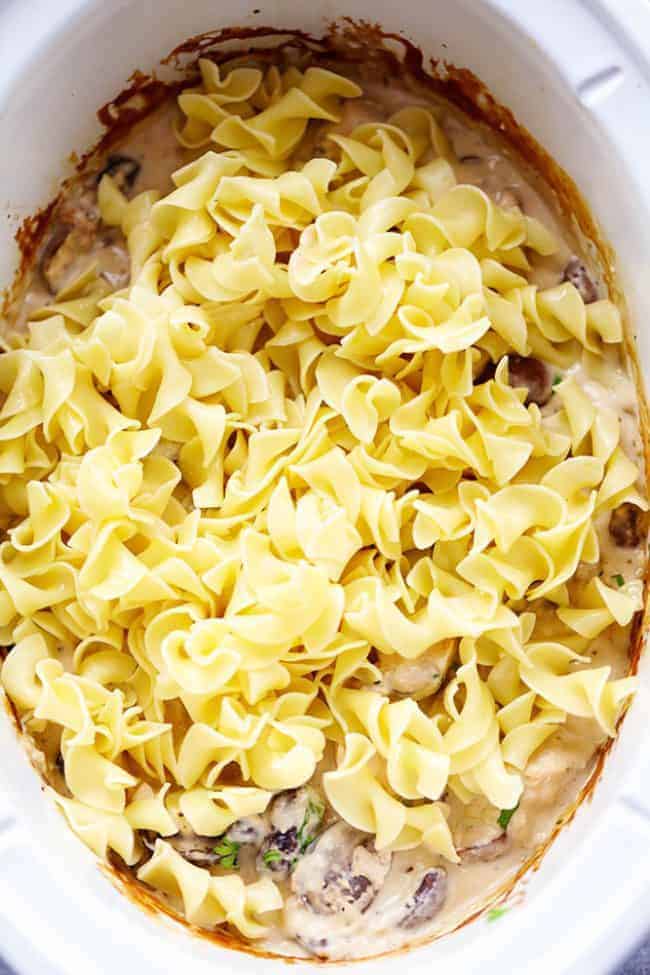 Stroganoff with egg noodles over top in the slow cooker.