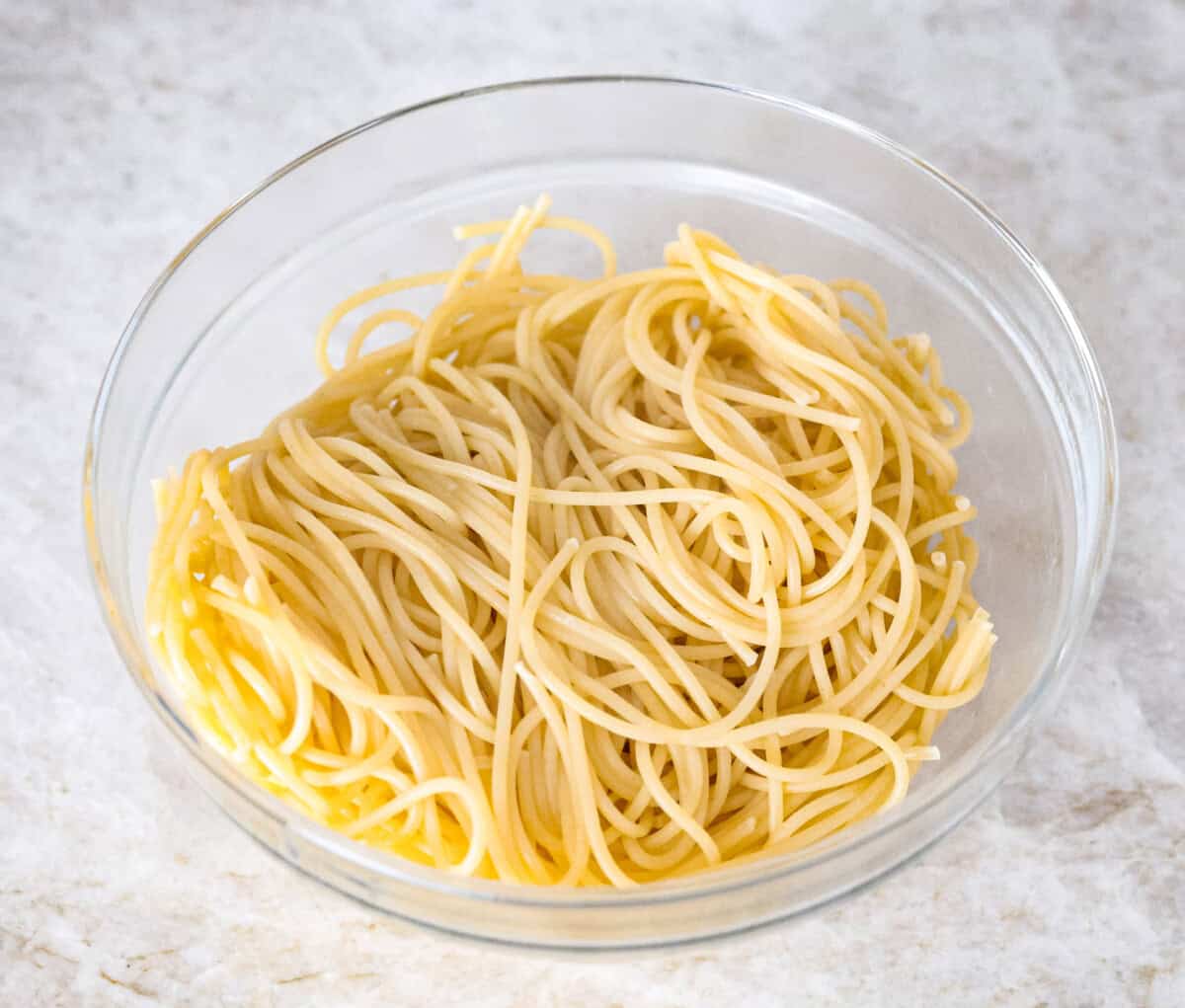 Overhead shot of cooked noodles in a bowl. 