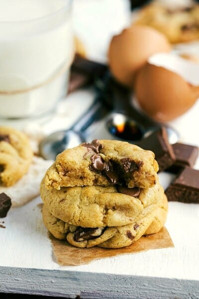 Half batch of chocolate chip cookies. One of the cookies have a bite out of it.