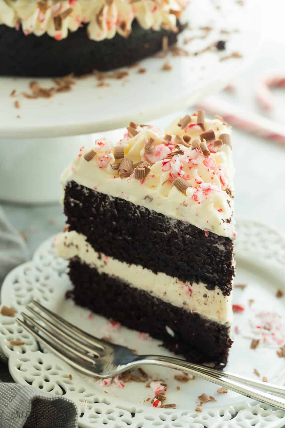 This Double Chocolate Peppermint Cake has two chocolate cake layers, white chocolate whipped cream and is finished off with crushed candy canes and chocolate shavings -- this is the dessert you want to bring to the Christmas party!