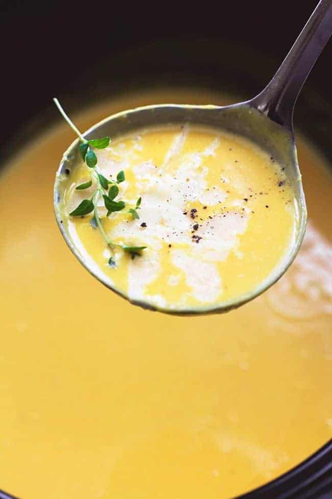 Butternut squash soup in the slow cooker with those little picking up the soup.