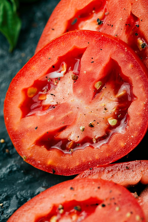 Close up on a sliced tomato.