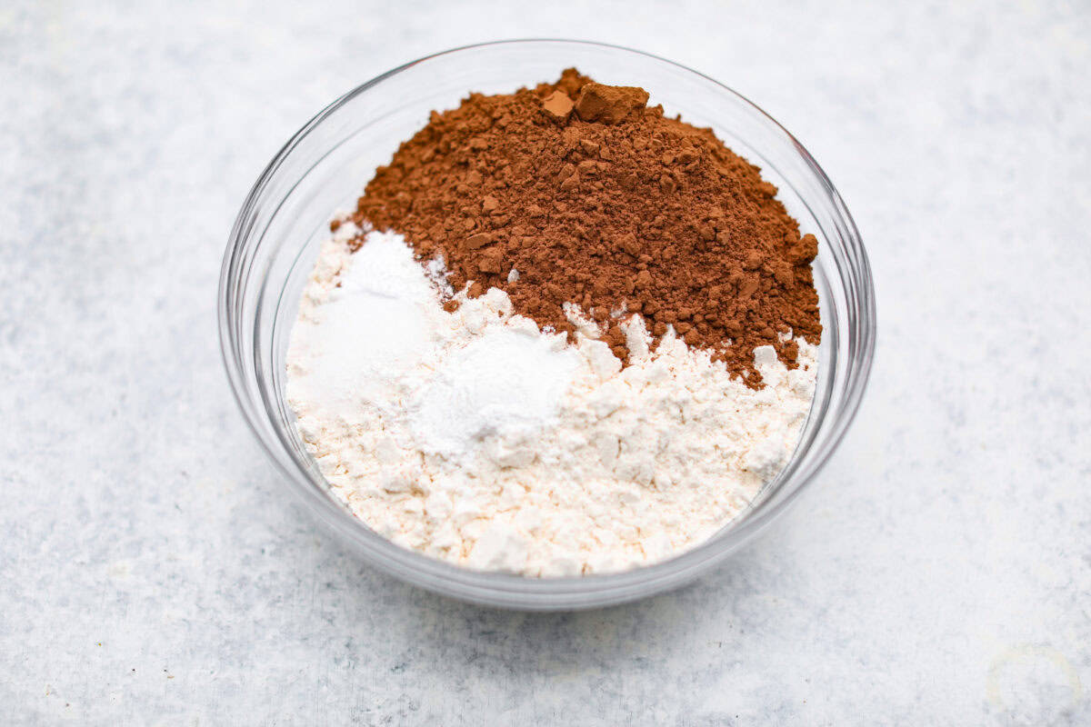 Fourth photo of the flour ingredients added to a bowl.