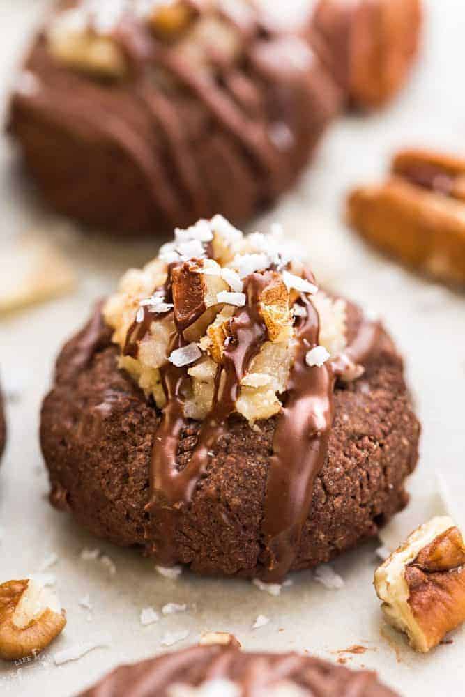 If photo of one German chocolate thumbprint cookie.