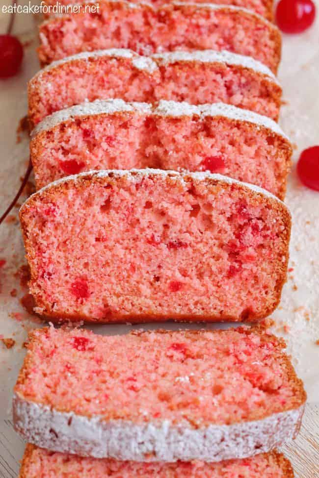 Cherry Almond Bread sliced in a photo. 