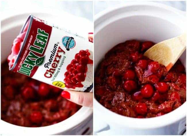 Two photos side-by-side. One on the left-hand side has lucky with premium cherry fruit filling in topping can being dumped out into the slow cooker. This second photo on the right hand side is a wooden spoon stirring the cherry fruit filling in topping sauce.