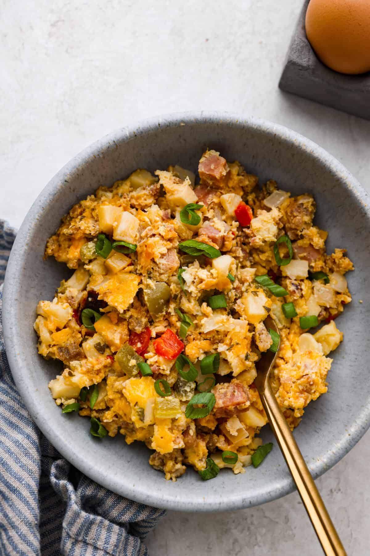 Overhead shot of plated slow cooker breakfast casserole. 