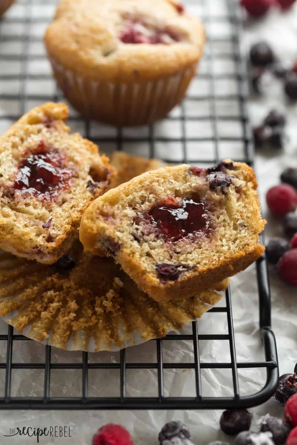 These Fruit Explosion Muffins cut in half to revel inside.