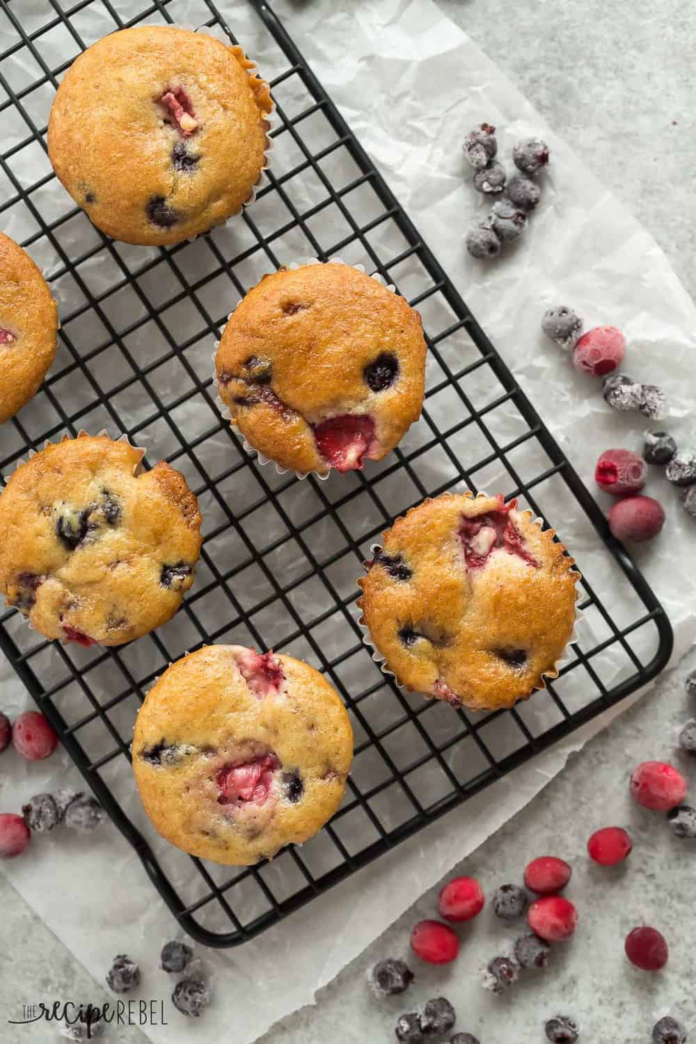 These Fruit Explosion Muffins areal view on a cooling rack.