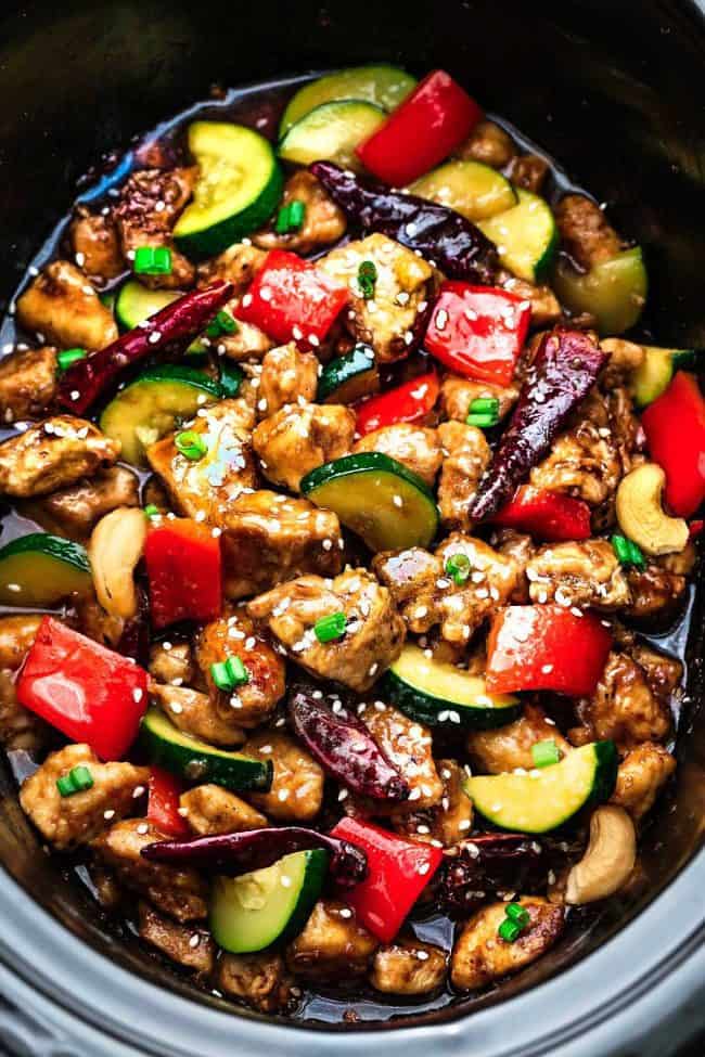 Skinny Slow Cooker Kung Pao Chicken in a slow cooker. 