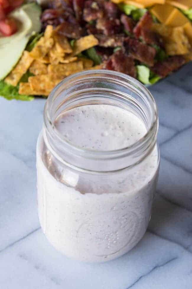 Salsa ranch dressing in a mason jar.