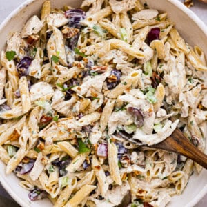 Overhead shot of healthy chicken pasta salad.