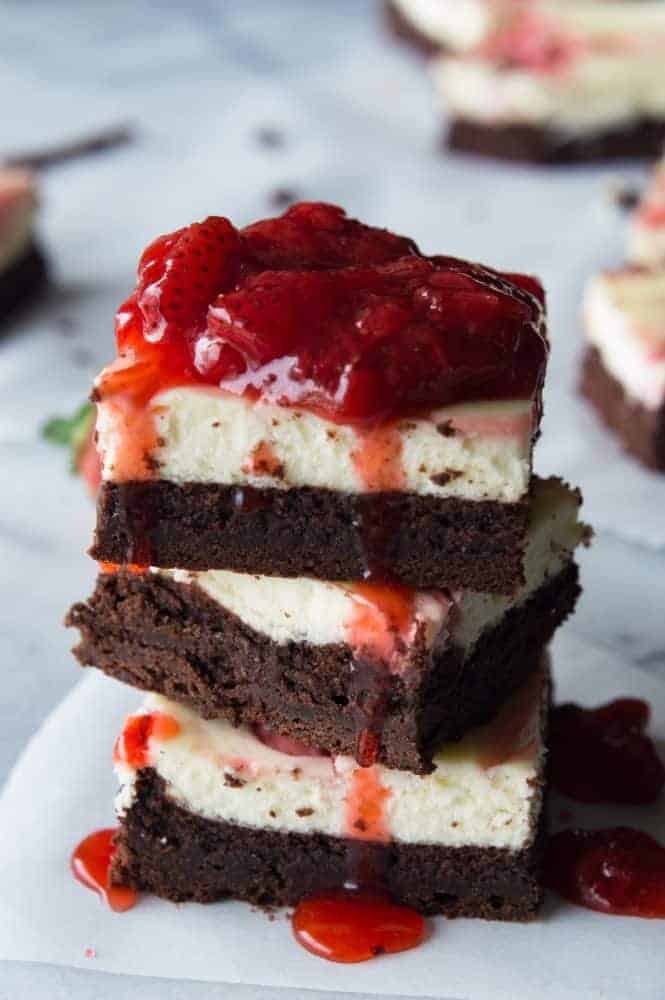 Stack of Strawberry Cheesecake Brownies. 