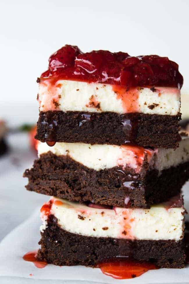 Stack of Strawberry Cheesecake Brownies.