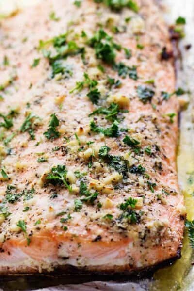 Close up on Baked Parmesan Garlic Salmon in Foil 