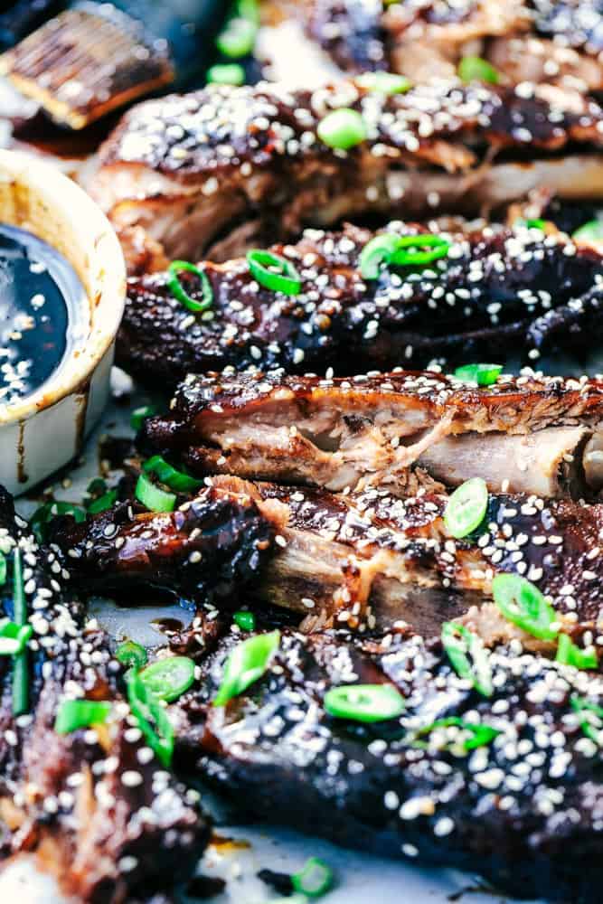 Slow Cooker Sticky Asian Ribs with Sticky Sauce close up.