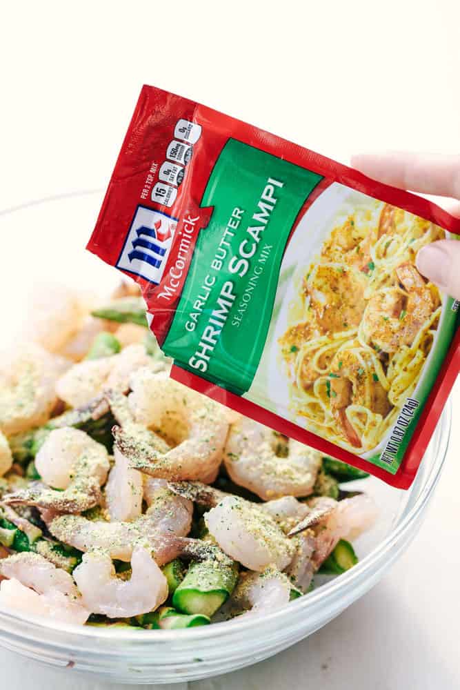 Garlic butter shrimp scampi seasoning mix in a packet.