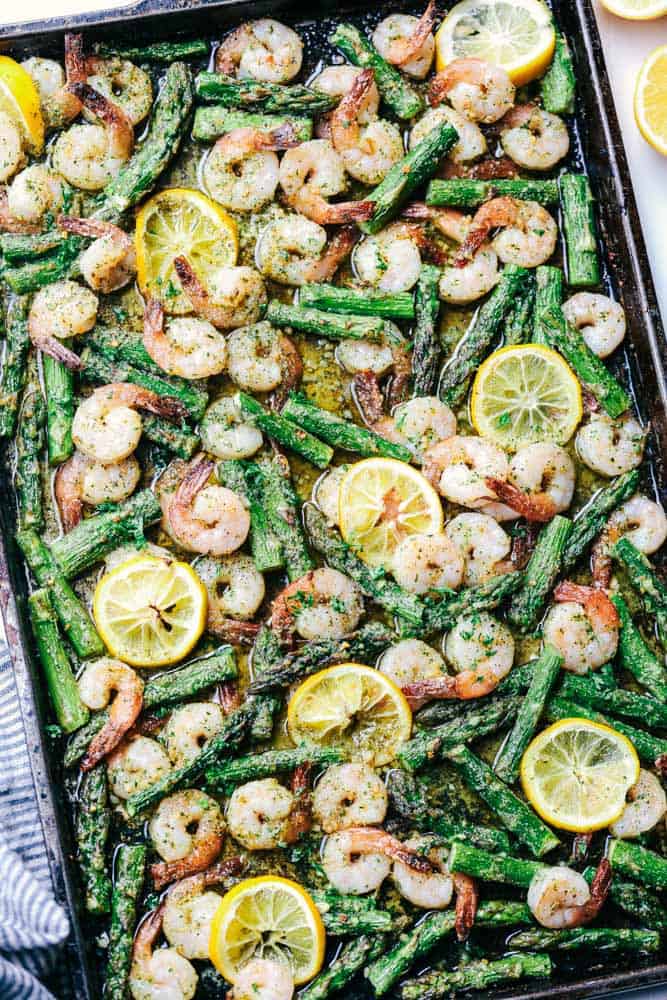 Sheet Pan Lemon Garlic Butter Shrimp with Asparagus on a baking sheet.