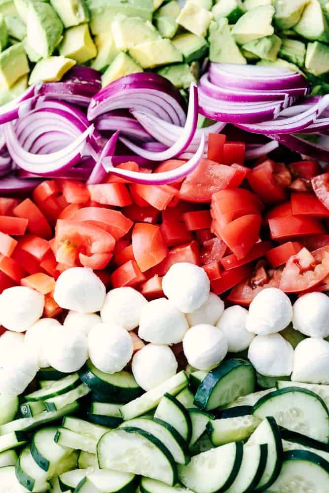 Italian Avocado Cucumber Tomato Salad ingredients in rows.