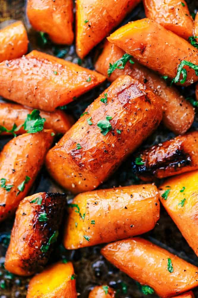 Closeup of roasted brown butter honey garlic carrots.