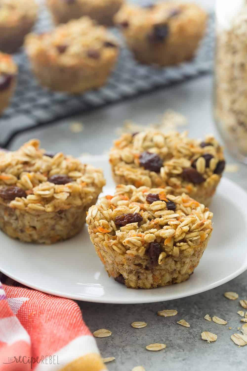 These Carrot Cake Baked Oatmeal Cups are super simple -- a great on the go breakfast, lunch or snack! Packed with fiber and protein and low in calories.