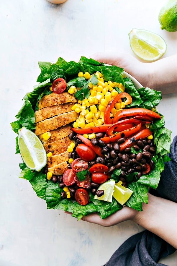 Chili Lime Chicken Salad areal view in a white bowl.