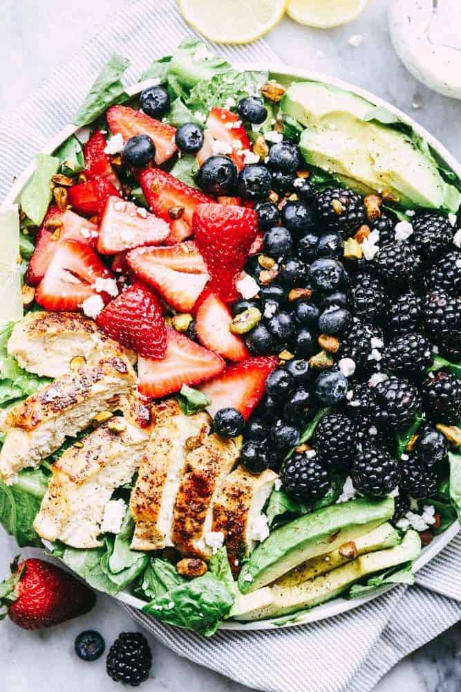 Triple Berry Chicken Avocado Salad with a Creamy Lemon Poppyseed Dressing