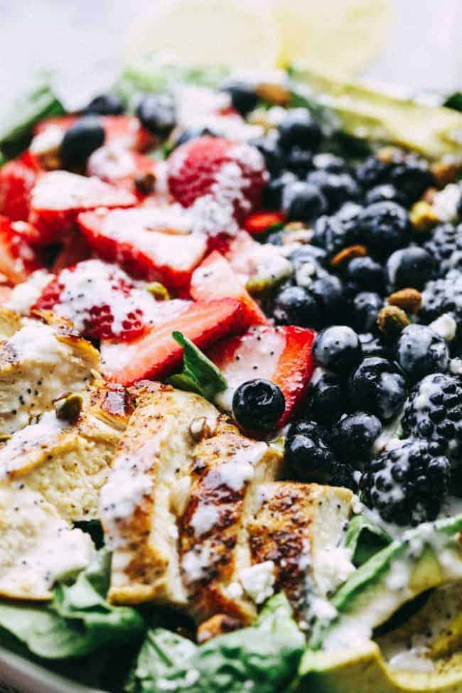 Triple Berry Chicken Avocado Salad with a Creamy Lemon Poppyseed Dressing.