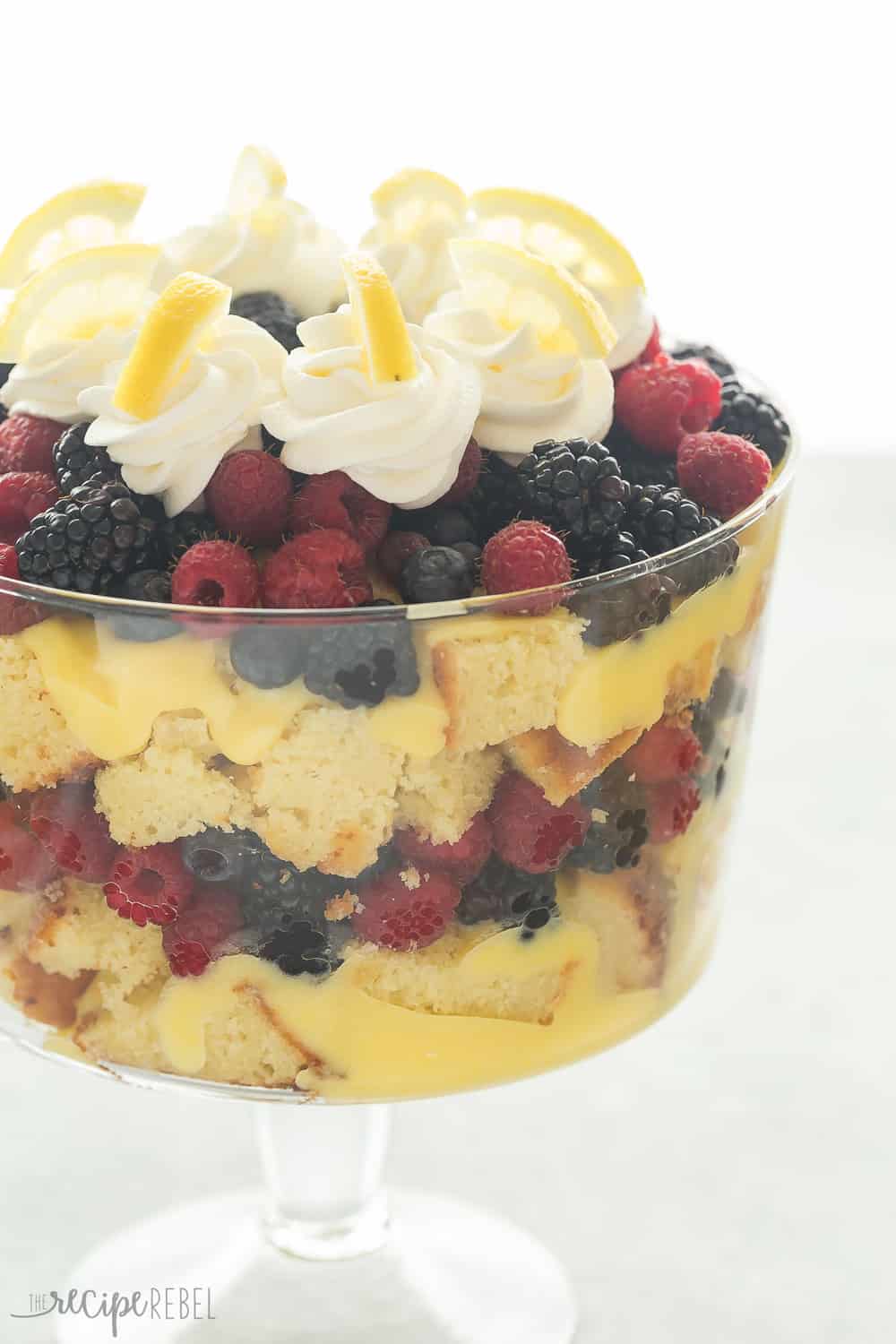 This Lemon Berry Trifle in a glass trifle dish.