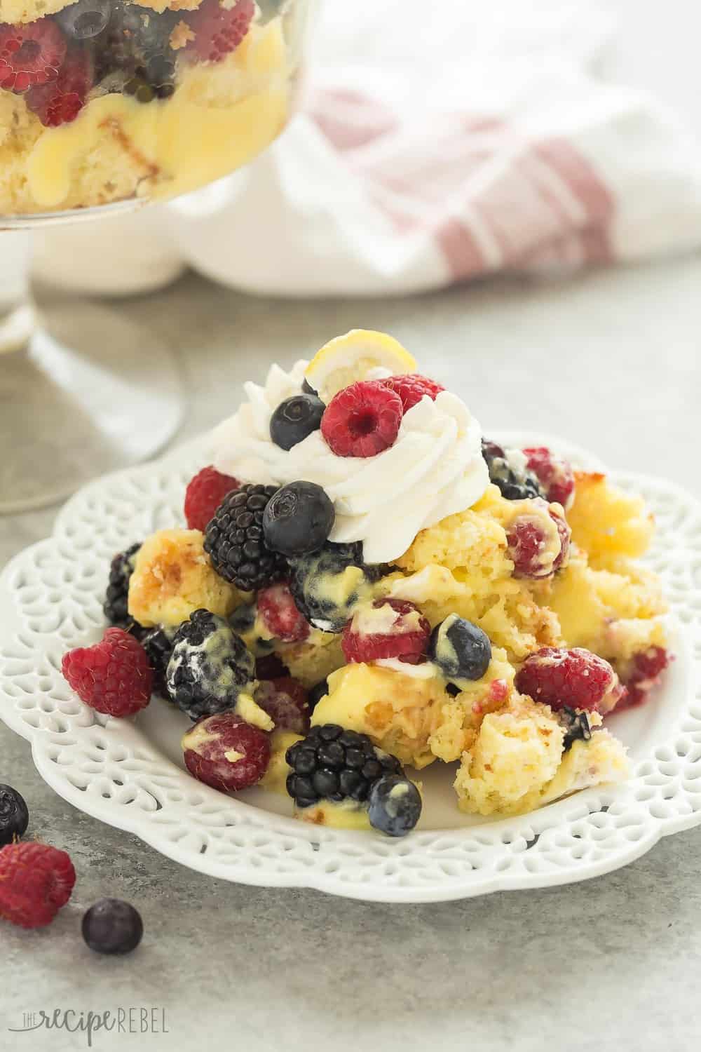 One serving of Lemon Berry Trifle on a white plate.