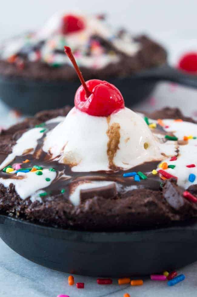 Skillet Brownie Sundae close up.