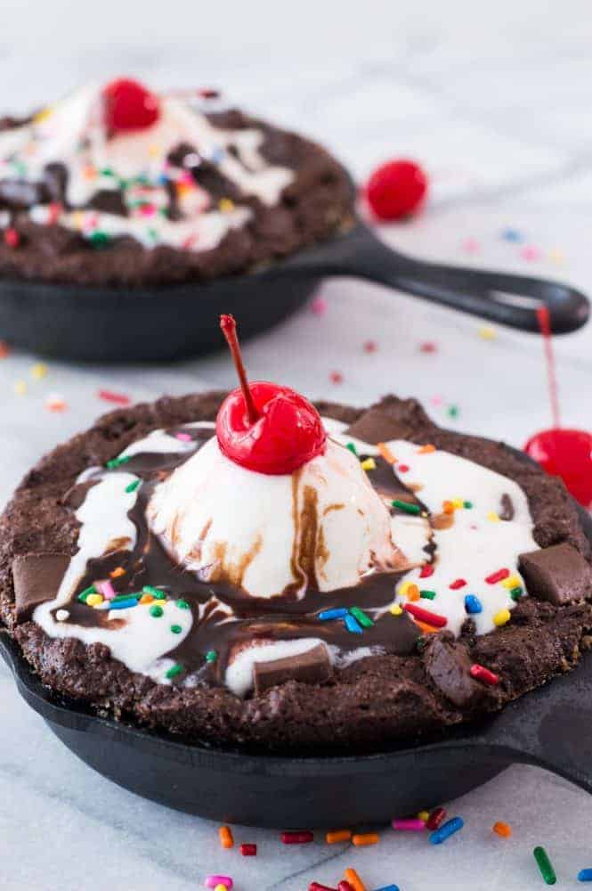 Skillet Brownie Sundaes in cast iron skillets close up.