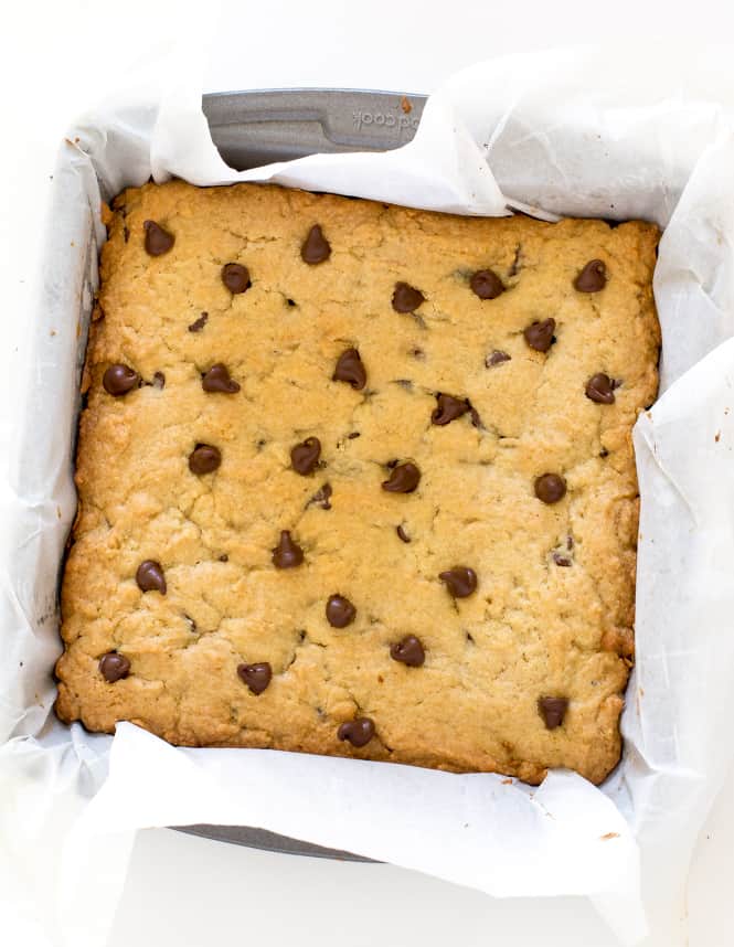 Areal view of brookie bars in a pan.