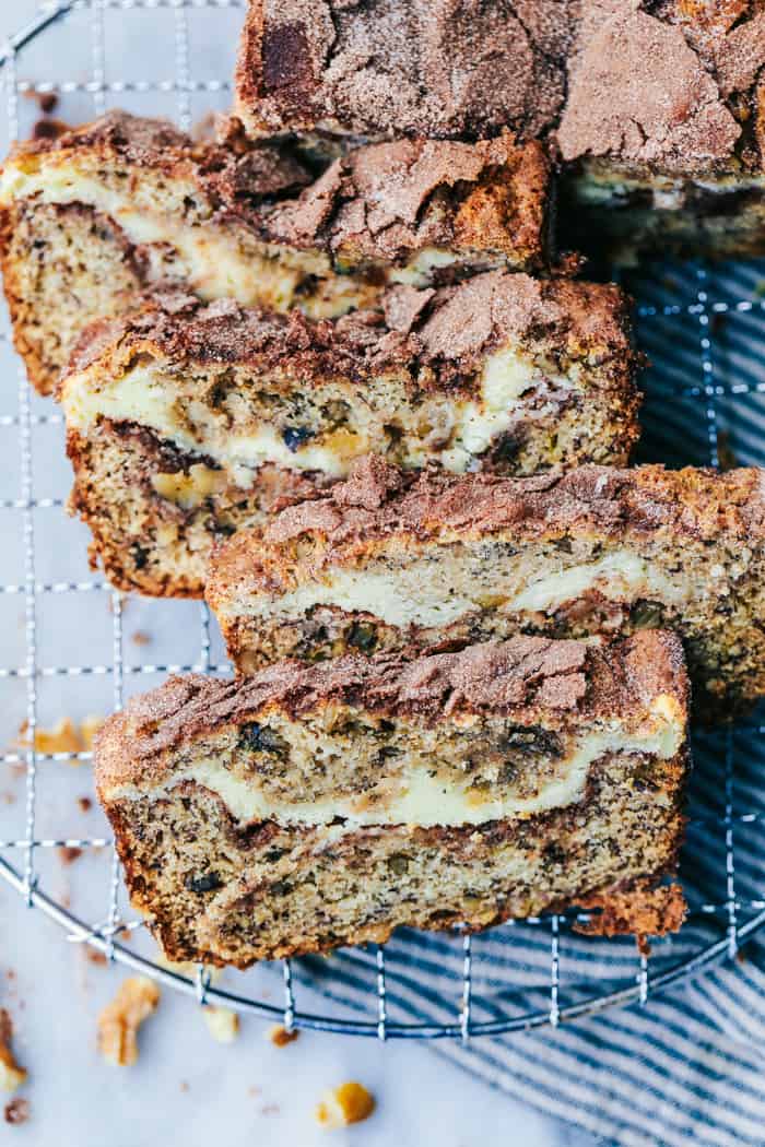 Cinnamon Swirl Cream Cheese Banana Bread slices.