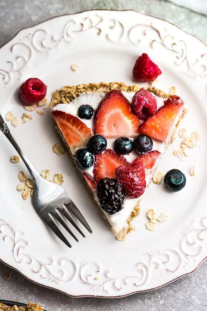 Red white and blue pie on a white plate.