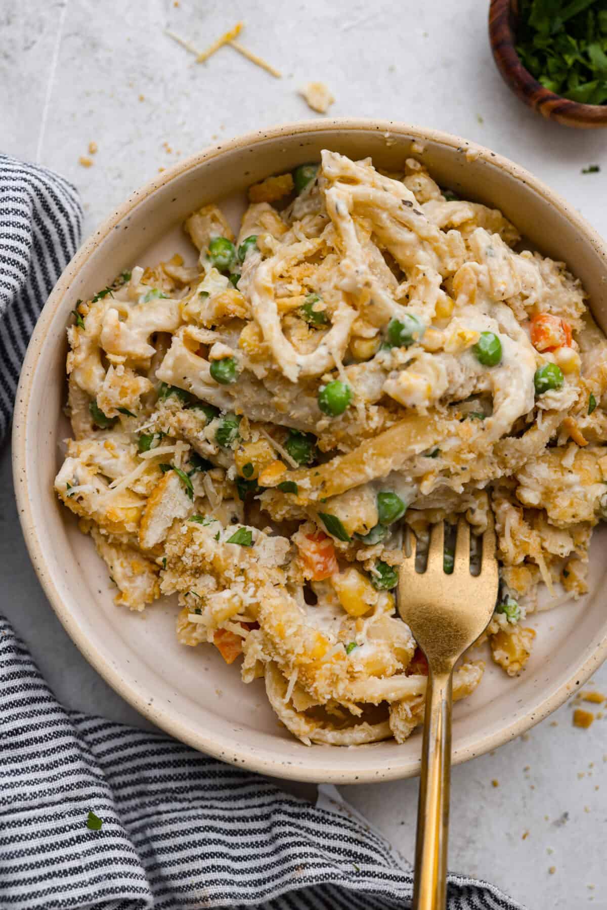 Overhead shot of plated creamy chicken noodle casserole. 