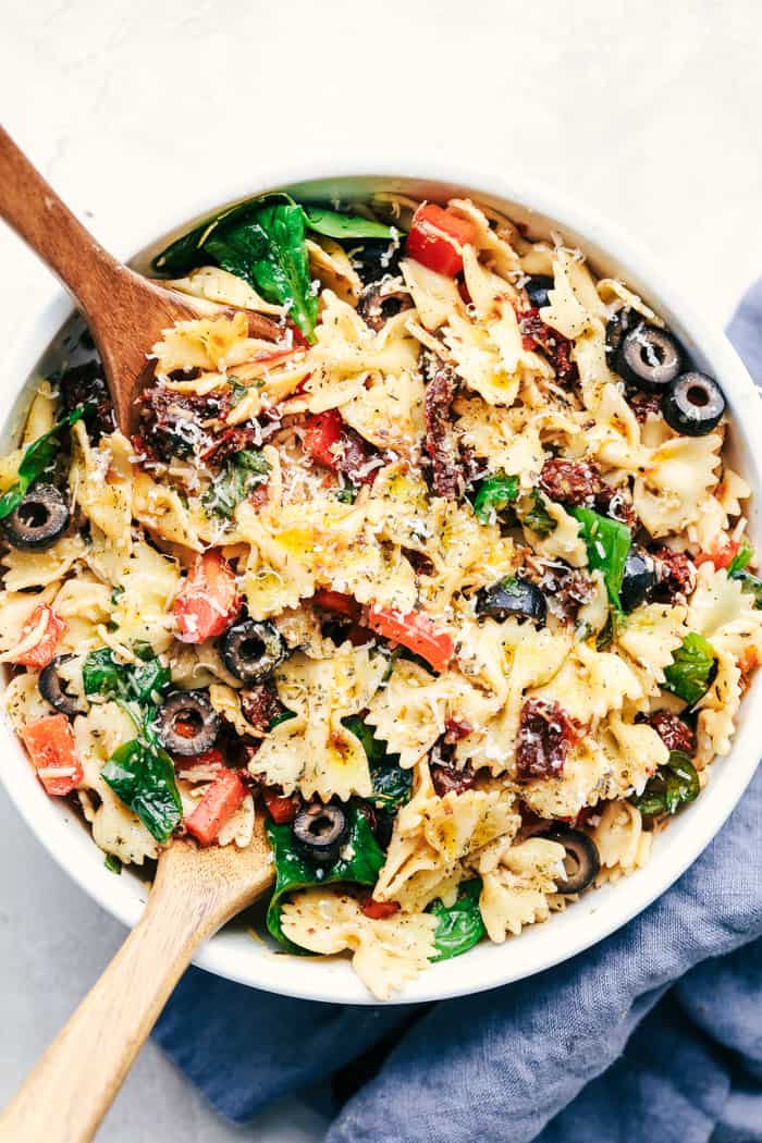 Tuscan Pasta Salad in a white bowl.