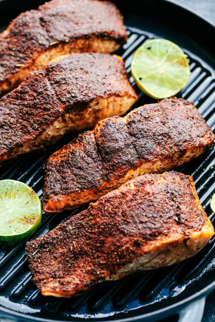 Grilled Spicy Blackened Salmon on the grill.