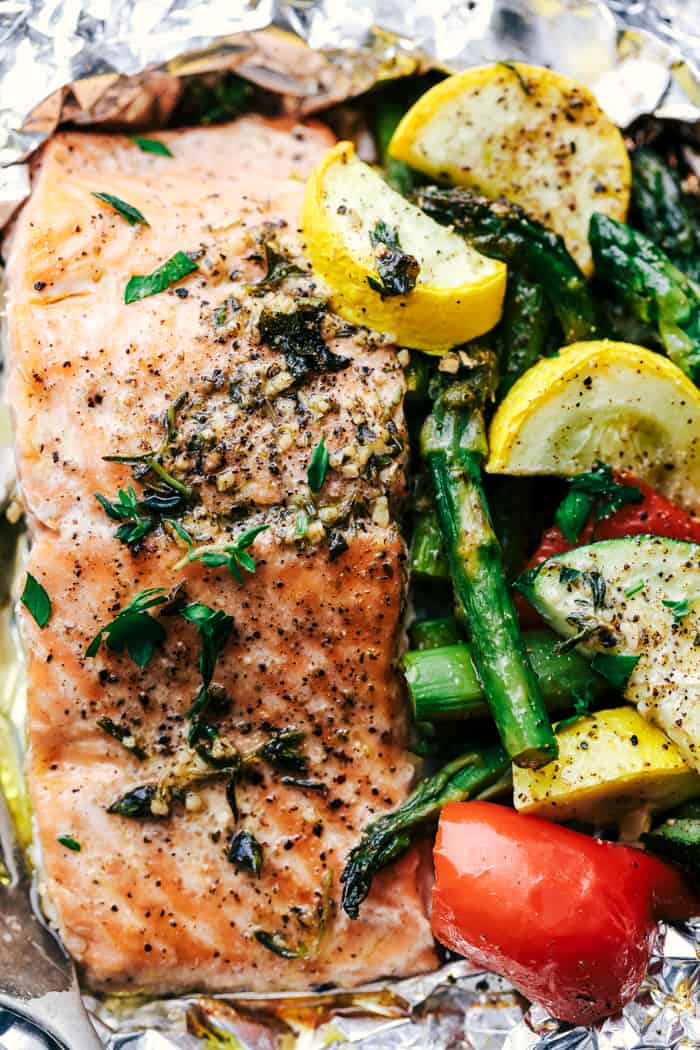 Butter Garlic Herb Salmon Foil Packets close up.