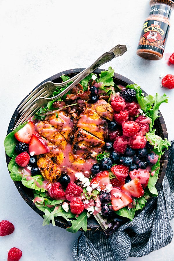 Grilled Berry Feta Chicken Salad in a bowl.